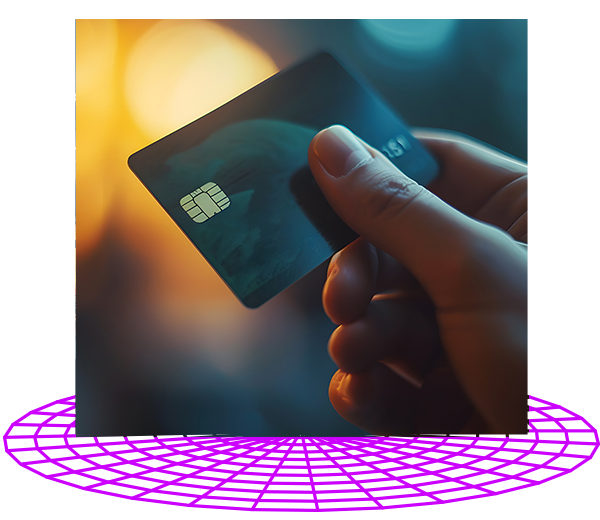 hand holding credit card above futuristic grid art